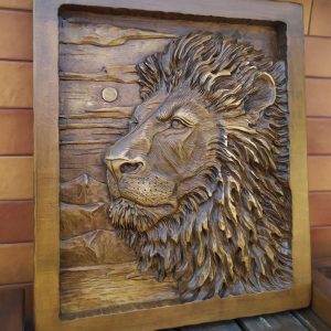 Hand Carved Wooden Lion Wall Art – 3D Bas-Relief Wood Carving, Wildlife Decor
