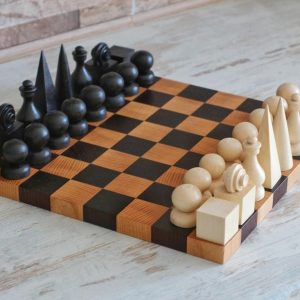 Handmade Bauhaus Style Wooden Chess Pieces – Hand Carved Walnut Chess Set