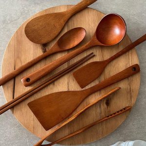 7-Piece Natural Teak Wooden Kitchen Utensil Set – Eco-Friendly Cooking Tools with Holder