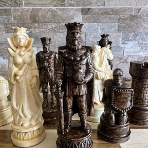 Medieval Themed Hand Carved Wooden Chess Set – Walnut and Sycamore with Storage Box