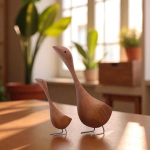 Handcrafted Teak Wooden Goose Sculpture Set – Scandinavian Minimalist Bird Decor, Set of 2