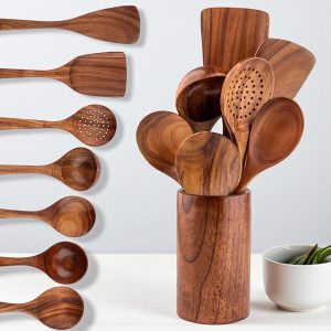 Rustic Handmade Wooden Cooking Utensil Set with Holder – Eco-Friendly Spoons and Spatulas