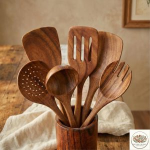 6-Piece Wooden Kitchen Utensil Set with Holder – Natural Wood Cooking Tools