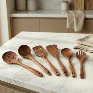 8-Piece Handcrafted Wooden Kitchen Utensil Set with Holder – Rustic Cooking Tools