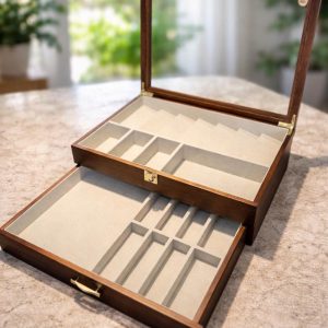 Wooden Pocket Knife Display Case with Glass Lid – Folding Knife Collector Storage Box