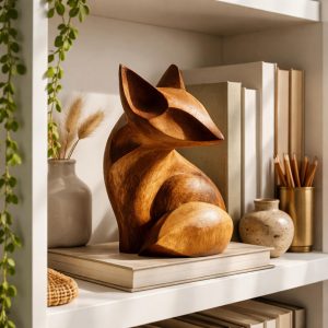 Hand Carved Wooden Fox Sculpture – Artisan Wood Animal Figurine, Natural Grain Accent